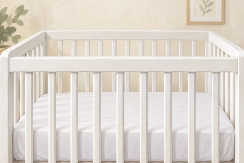 Illustration of an empty crib with bare rails and a fitted sheet.
