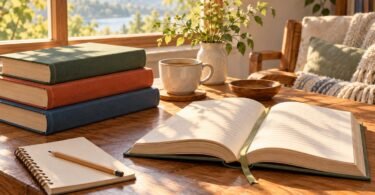 Plain hardcover books, an open book, notebook and pencil in a sunlit reading nook.