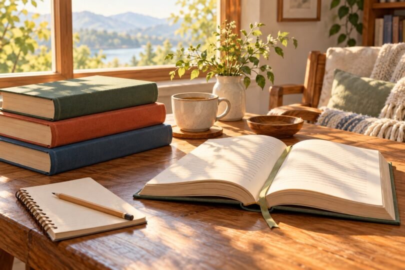 Plain hardcover books, an open book, notebook and pencil in a sunlit reading nook.