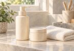 Generic unbranded cleanser and moisturizer containers beside a folded washcloth.