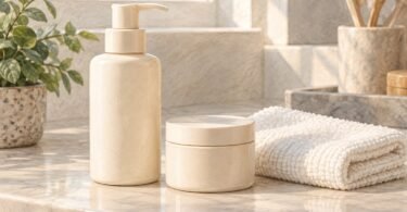 Generic unbranded cleanser and moisturizer containers beside a folded washcloth.