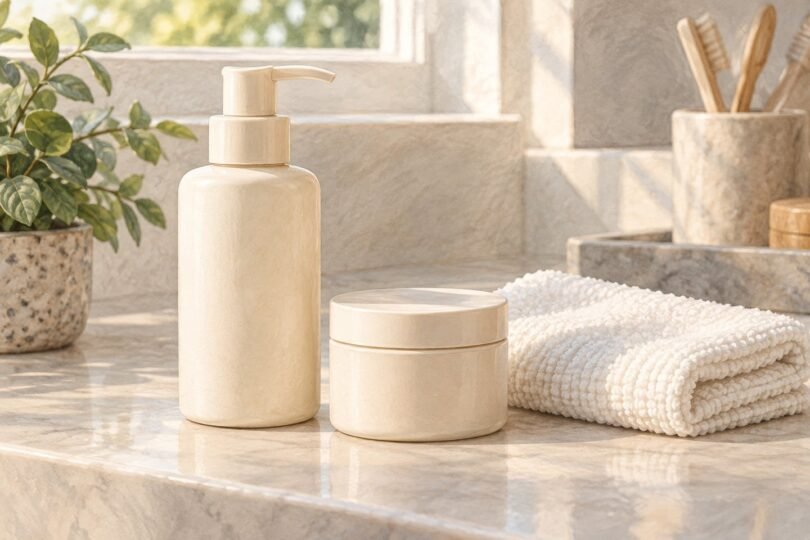 Generic unbranded cleanser and moisturizer containers beside a folded washcloth.