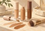 Illustration of unbranded liquid makeup tubes, a doe-foot applicator, brown swatches and a blending brush.