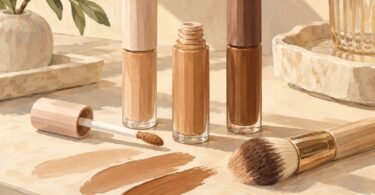 Illustration of unbranded liquid makeup tubes, a doe-foot applicator, brown swatches and a blending brush.