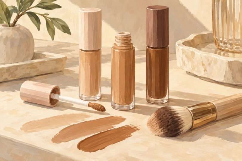 Illustration of unbranded liquid makeup tubes, a doe-foot applicator, brown swatches and a blending brush.