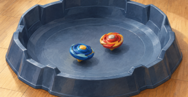 Two toy spinning tops resting in a play arena on the floor.