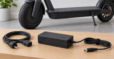 Generic disconnected scooter power adapter with a parked electric scooter.