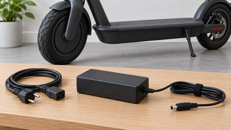 Generic disconnected scooter power adapter with a parked electric scooter.