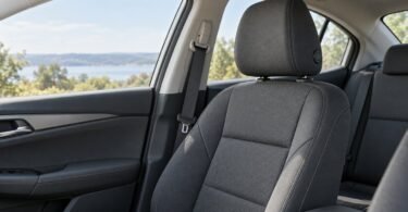 Empty adult car seat with its factory-style head restraint and seat belt.
