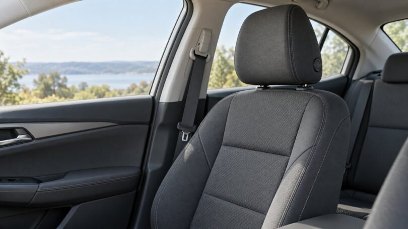 Empty adult car seat with its factory-style head restraint and seat belt.