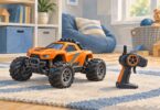 Illustration of an unbranded orange remote-control toy car beside a handheld controller.