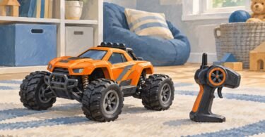 Illustration of an unbranded orange remote-control toy car beside a handheld controller.