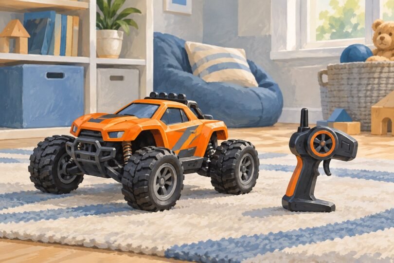 Illustration of an unbranded orange remote-control toy car beside a handheld controller.