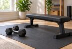 Generic fixed dumbbells and a flat exercise bench in a home workout space.