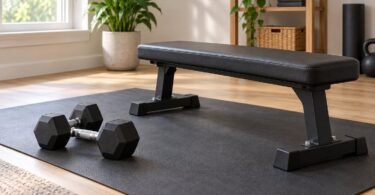 Generic fixed dumbbells and a flat exercise bench in a home workout space.