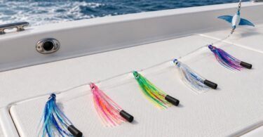 Generic squid-style trolling daisy chain laid on a boat deck.