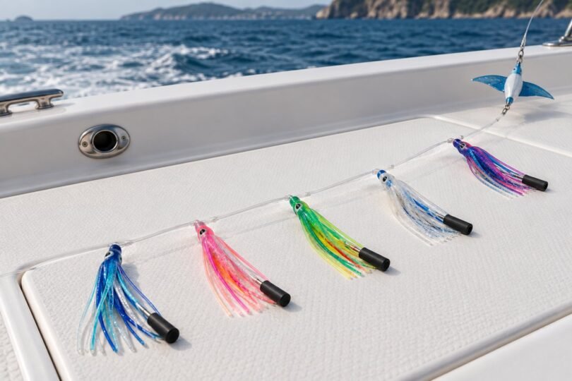 Generic squid-style trolling daisy chain laid on a boat deck.