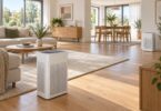 Two generic air purifiers spaced across an open-plan living and dining room.