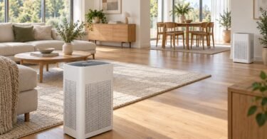 Two generic air purifiers spaced across an open-plan living and dining room.