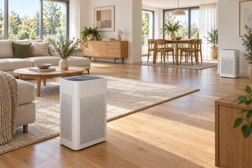 Two generic air purifiers spaced across an open-plan living and dining room.