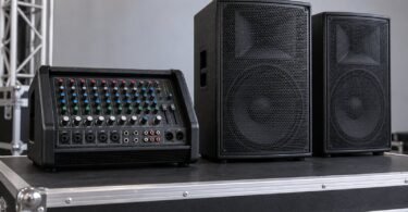 Generic unbranded audio mixer beside two loudspeaker cabinets.