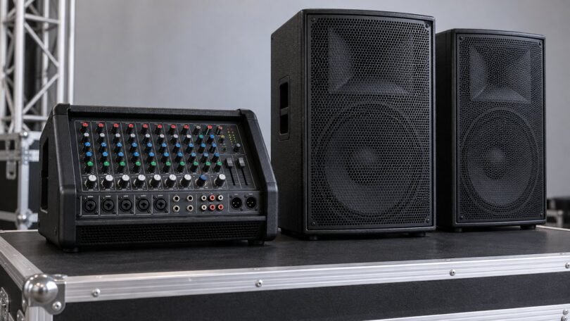 Generic unbranded audio mixer beside two loudspeaker cabinets.