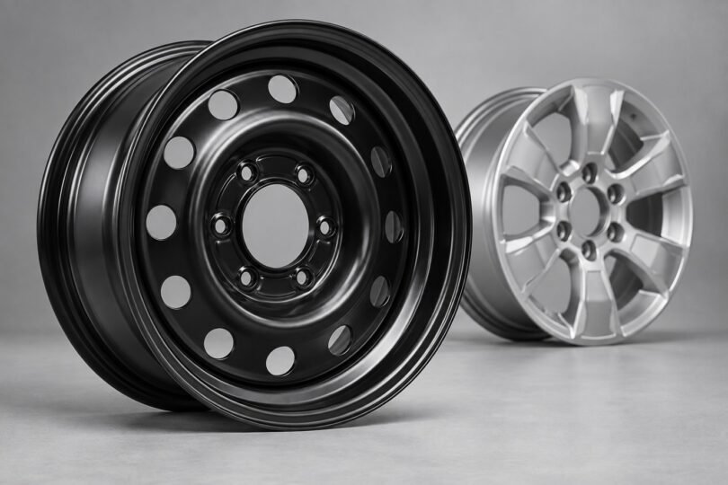 Generic unbranded black steel wheel beside a silver alloy wheel.