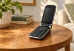 Generic open flip phone with a blank screen on a side table.