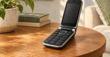 Generic open flip phone with a blank screen on a side table.
