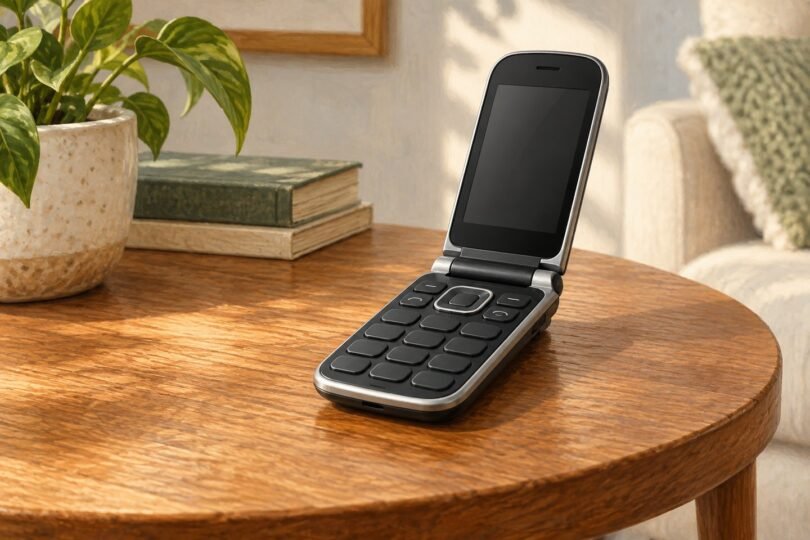 Generic open flip phone with a blank screen on a side table.