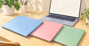 Illustration of generic blue, pink and green laptops on a desk.
