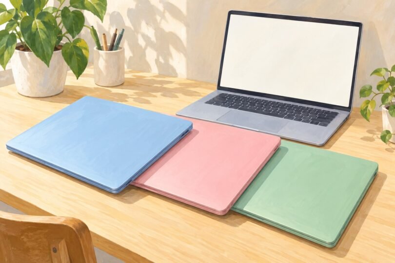 Illustration of generic blue, pink and green laptops on a desk.