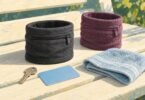 Illustration of zippered wrist wallets beside a key and blank card.