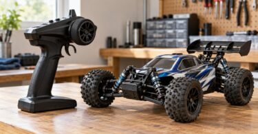 Generic pistol-grip RC radio transmitter beside a radio-controlled car.