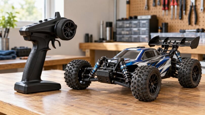 Generic pistol-grip RC radio transmitter beside a radio-controlled car.
