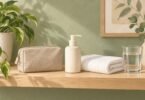 A plain storage pouch, unbranded pump bottle and clean folded towel on a shelf.