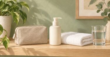 A plain storage pouch, unbranded pump bottle and clean folded towel on a shelf.