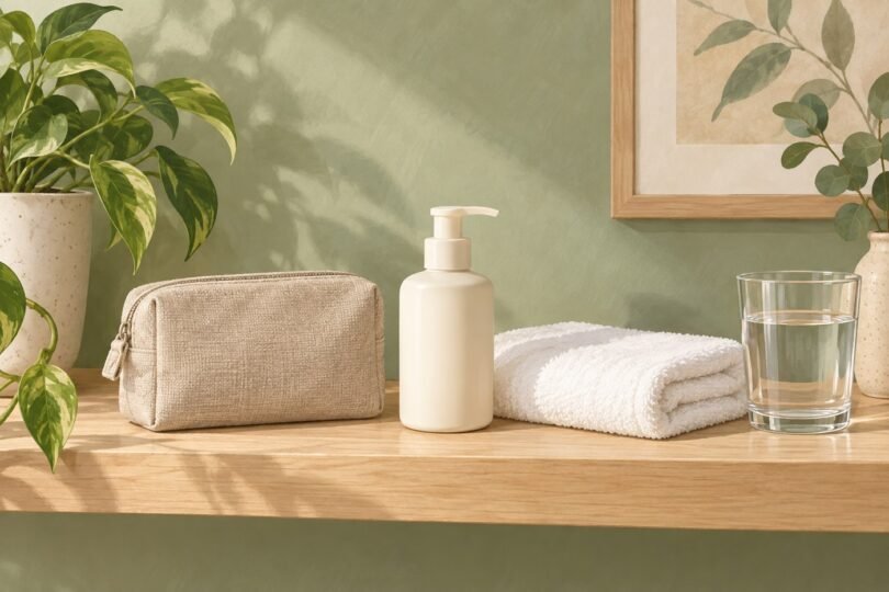 A plain storage pouch, unbranded pump bottle and clean folded towel on a shelf.