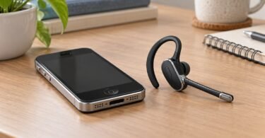 A generic single-ear calling headset beside an older-style smartphone on a desk.