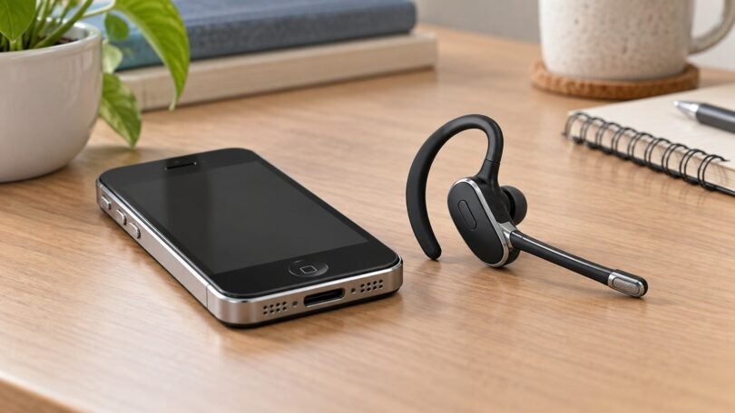 A generic single-ear calling headset beside an older-style smartphone on a desk.