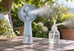 Generic handheld misting fan and pump bottle on an outdoor table.