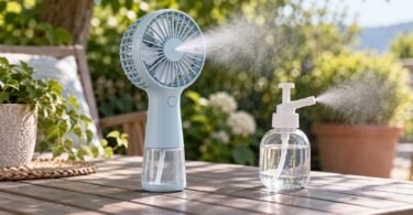 Generic handheld misting fan and pump bottle on an outdoor table.