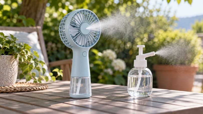 Generic handheld misting fan and pump bottle on an outdoor table.