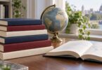 Generic unbranded textbooks and an open book beside a globe.