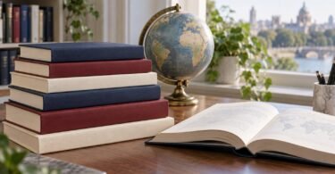 Generic unbranded textbooks and an open book beside a globe.