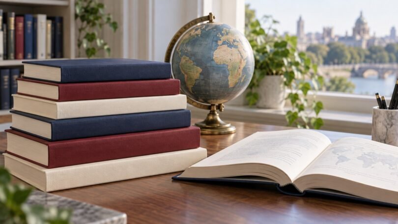 Generic unbranded textbooks and an open book beside a globe.