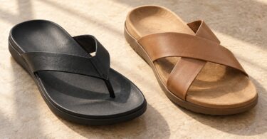 Generic black toe-post sandal and tan cross-strap slide on a neutral floor.