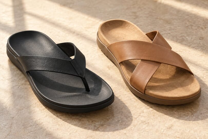 Generic black toe-post sandal and tan cross-strap slide on a neutral floor.