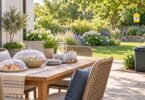 Editorial illustration of a clean patio with covered food and a distant garden fly trap.