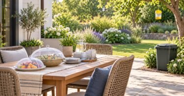Editorial illustration of a clean patio with covered food and a distant garden fly trap.